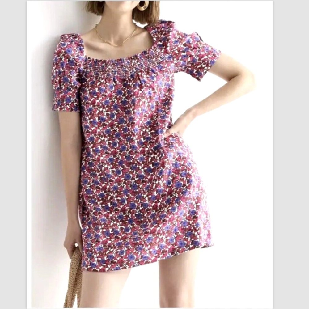 J Crew Afternoon Dress 100% Linen Berry Floral Print Smocked
